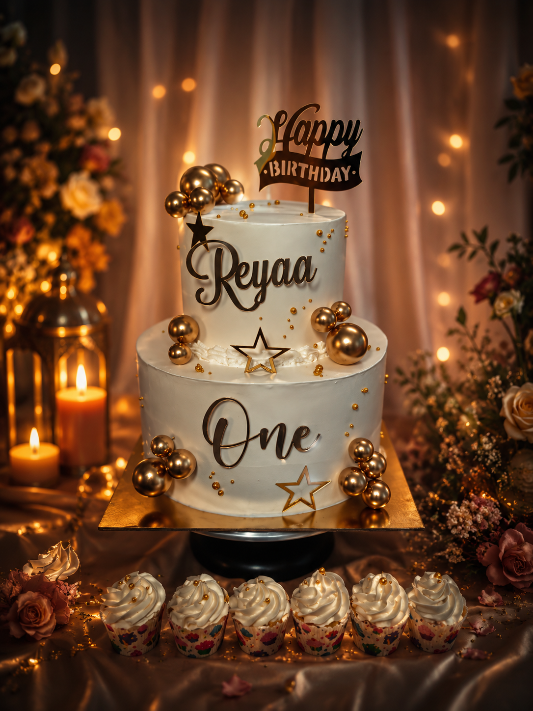 Two-tier white and gold 'Reyaa One' first birthday cake with gold spheres and stars