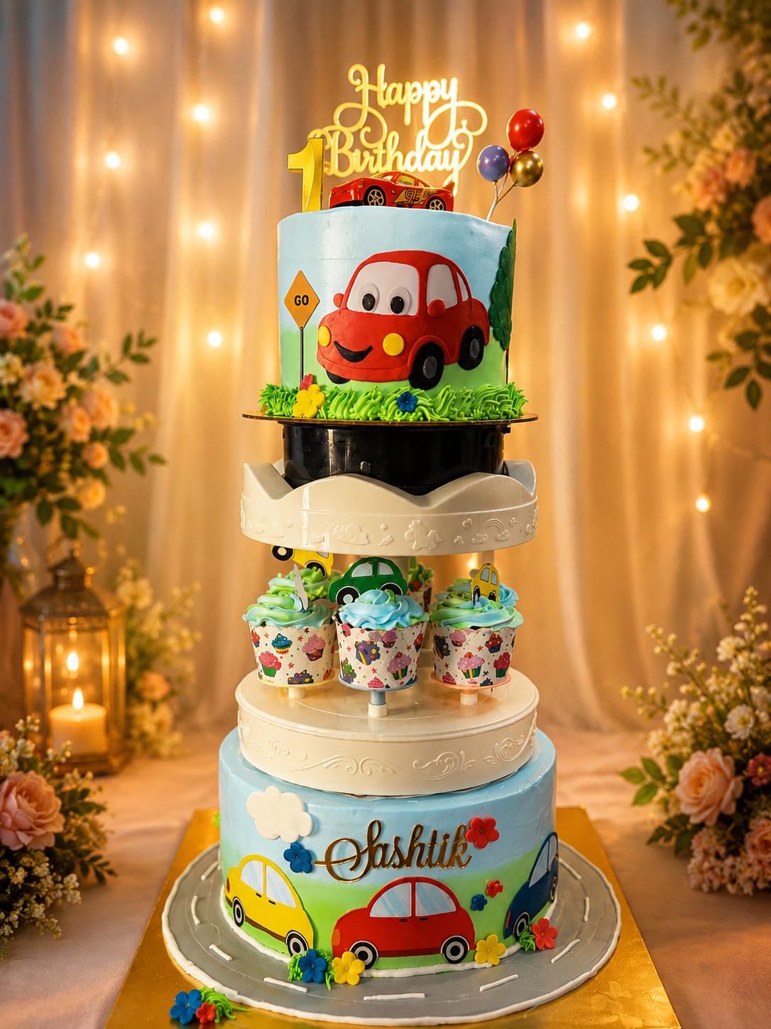 Multi-tier 'Sashtik' cars themed birthday cake with red car topper and cupcakes